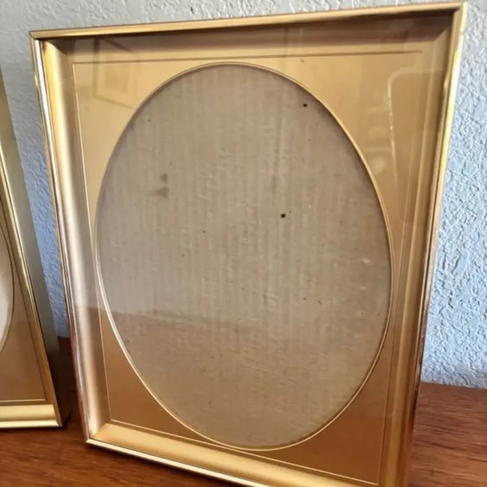 TWO Vintage Brass 11 X 9” Picture Frames with Oval Matting Hang or Stand